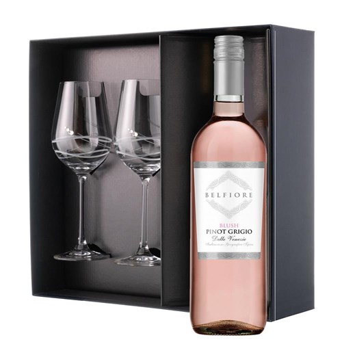 Belfiore Pinot Grigio Blush Rose Wine And Diamante Venezia Glasses Gift Box Set